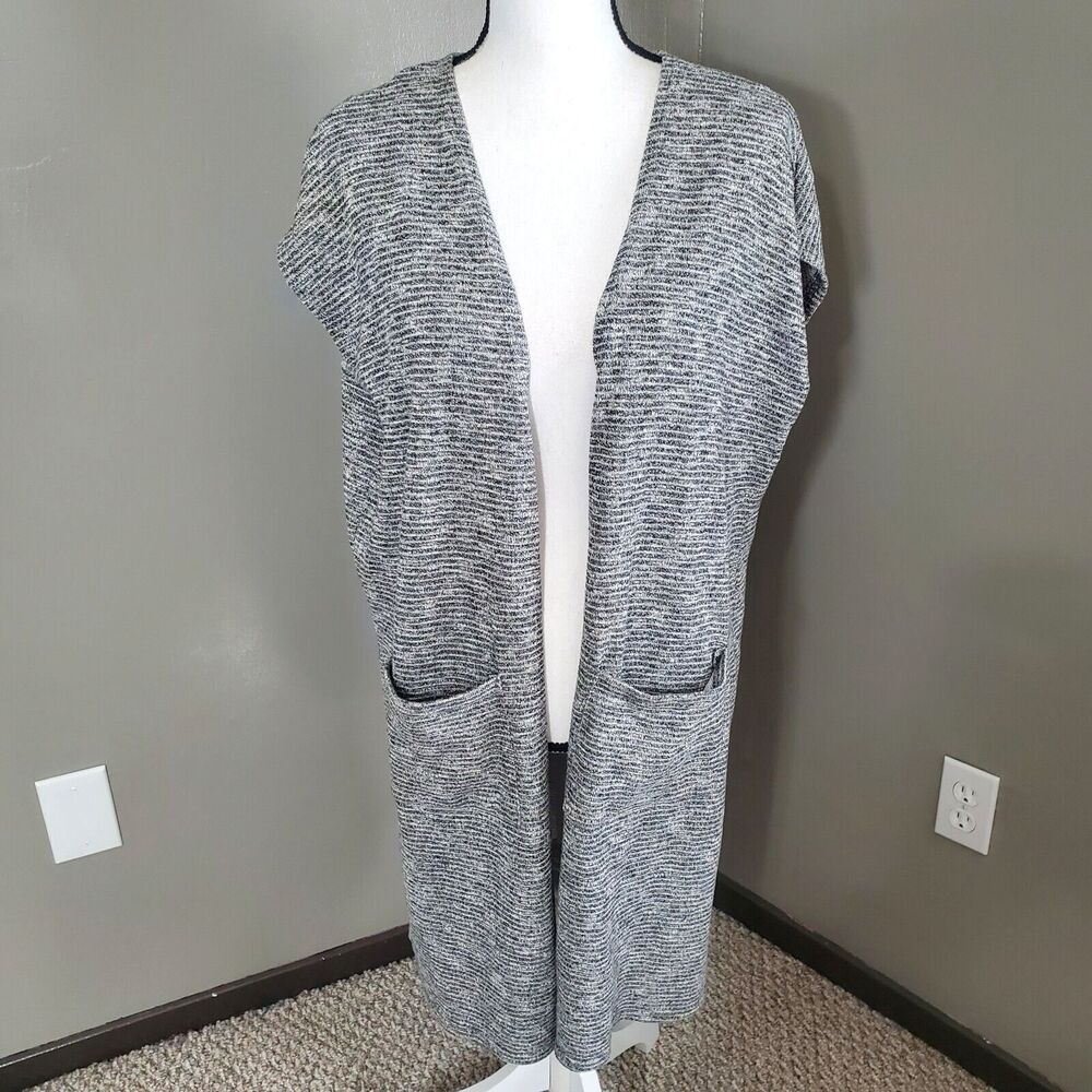 Nanavatee Long Cardigan Sweater Size S/M Black Gray Striped Open Sleeveless